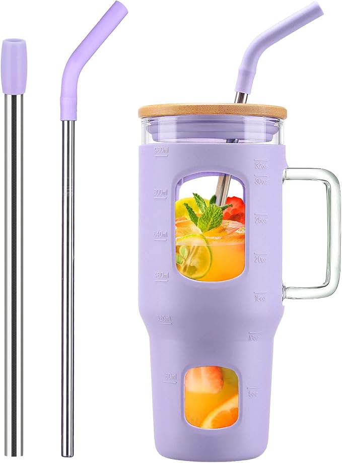 32 oz Glass Tumbler with Straw and Lid, Glass Water Bottles with Time Marker, Silicone Protective Sleeve - Purple