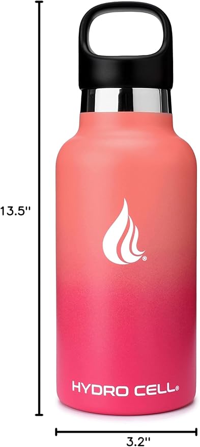 HYDRO CELL Stainless Steel Water Bottle with Straw & 2 Standard Mouth Lids (32oz 24oz 20oz 16oz) Keeps Liquids Hot or Cold w/Double Wall Vacuum Insulated Leak Proof Sport Design (Coral/Punch 16oz)