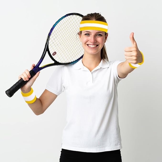 ONUPGO 5 Pieces Sweatbands Striped Socks Set Sports Headband Wristbands High Tube Socks 80s Accessories Costumes