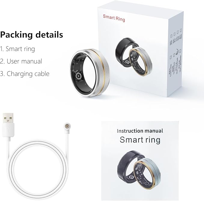 Fitness Tracker Smart Ring,Step Counter,Heart Rate Blood Oxygen Sleep Tracker Health Ring, 5ATM Waterproof Long Battery Life Smart Rings Compatible with iOS & Android (Silver with Middle Gold, US 7)