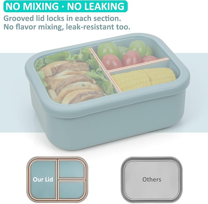 100% Silicone Bento Box Adult with 3 Compartments, 48oz, Reusable Divided Lunch Box Meal Prep Containers for Entree and Side Food Snack Storage, BPA-Free Plastic-Free, Microwave Dishwasher safe, Green