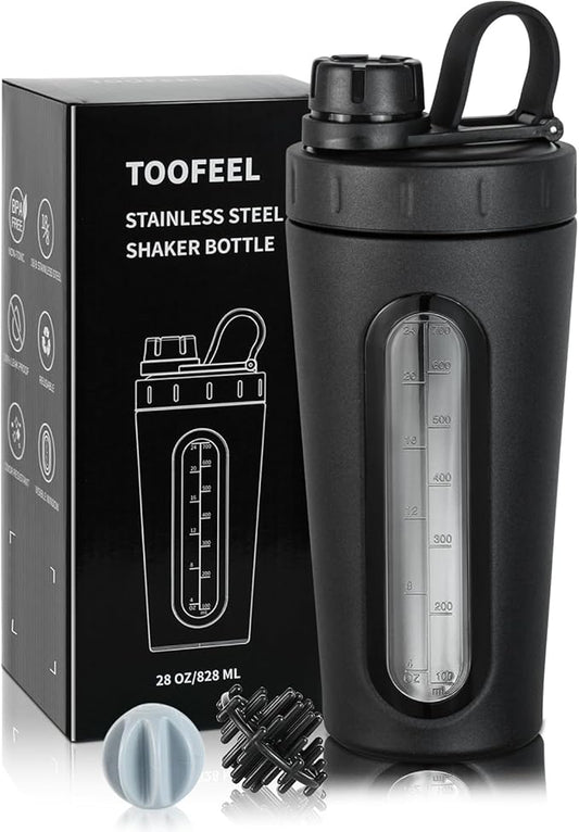 TOOFEEL Stainless Steel Shaker - 28 oz Metal Cup for Protein Shakes, 2 Whisk Balls, Not Stays Cold/Hot, Visible Window, Gym Workout Leakproof