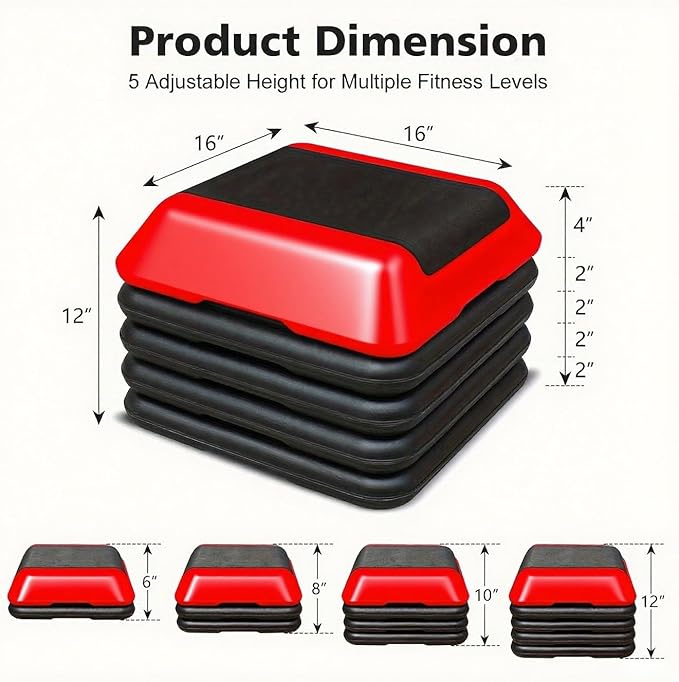 16" x 16" Adjustable Workout Aerobic Exercise Step Platformwith Adjustable Risers, Non-Slip Rubber Surface for Home Gym Cardio Training