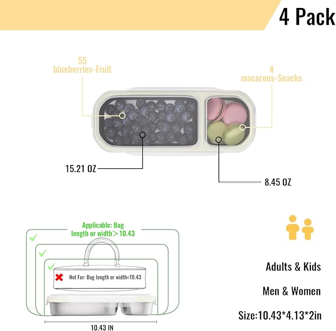 Stainless Steel Snack Containers for Kids Adults, 4 Pack 2 Compartment Metal Snack Containers Box with Lid, Reusable Food Storage Container, Leak Proof, Grab and Go