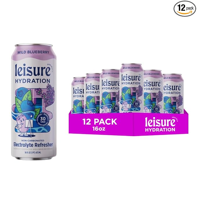 Leisure Hydration Non-Carbonated Electrolyte Refresher, Wild Blueberry Flavor - Low Sugar Nutrient Enhanced Water Beverage - Get The Best Hydration Packed w/ Magnesium & Ashwagandha For Mood & Stress Support, Non-GMO, 16 oz (12-Cans)