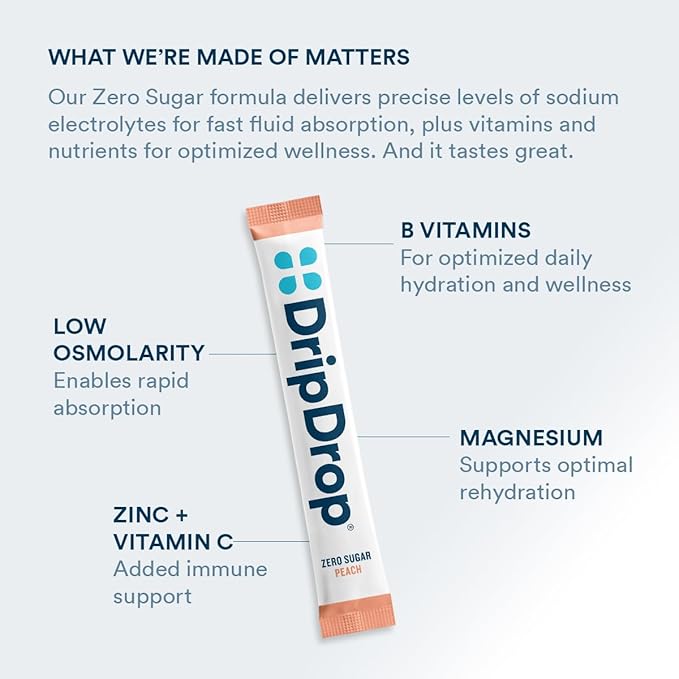 DripDrop Sugar Free Hydration Packets - Zero Peach - Single Serve Electrolytes Powder Drink Mix - Non-GMO, Gluten Free, Vegan - 32 Sticks