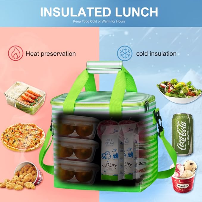 iknoe Large Cooler Bag Collapsible, 15L Insulated Bags, Leakproof Lunch Cooler Tote with Multi-Pockets for Adult, Insulated Lunch Box for Beach, Picnic,Work, Green Stripe 24-Can