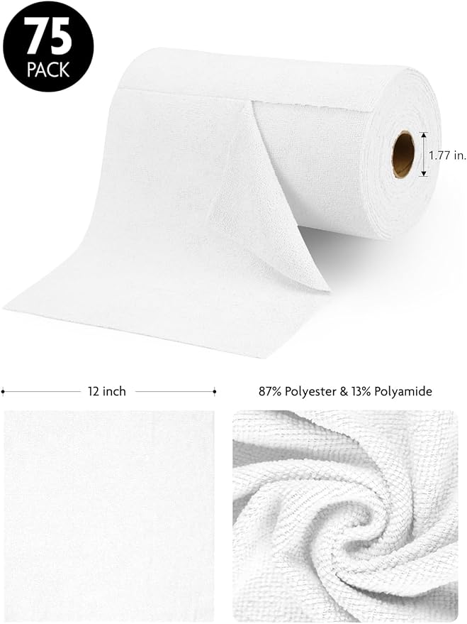 Fantasticlean Microfiber Cleaning Cloth Roll -75 Pack, Tear Away Microfiber Towels, 12" x 12", Reusable, Washable, Scratch Free, Ultra Absorbent Dish Rags for Car, Home, Garage or Shop (White)