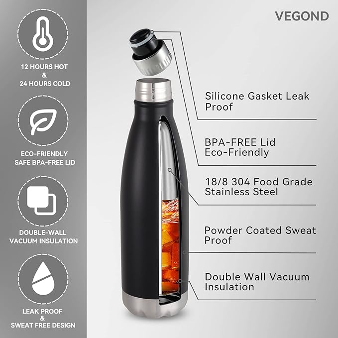 VEGOND 17oz Stainless Steel Water Bottles Bulk, Reusable Metal Sports Water Bottle Keeps Drink Hot and Cold, BPA Free Double Wall Vacuum Cola Shape Insulated Water Bottles for Camping Gym, 8 Pack