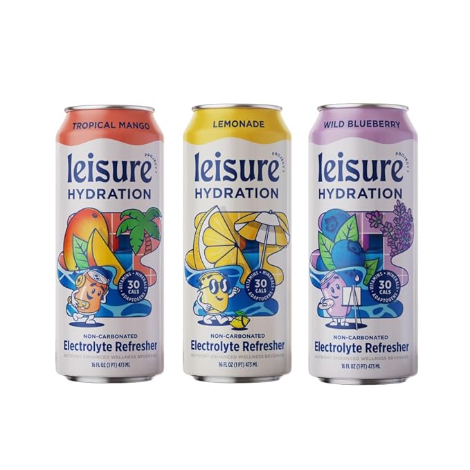 Leisure Hydration Non-Carbonated Electrolyte Refresher, Variety Pack - Low Sugar Nutrient Enhanced Water Beverage - Get The Best Hydration Packed w/ Magnesium & Ashwagandha For Mood & Stress Support, Non-GMO, 16 oz (12-Cans)