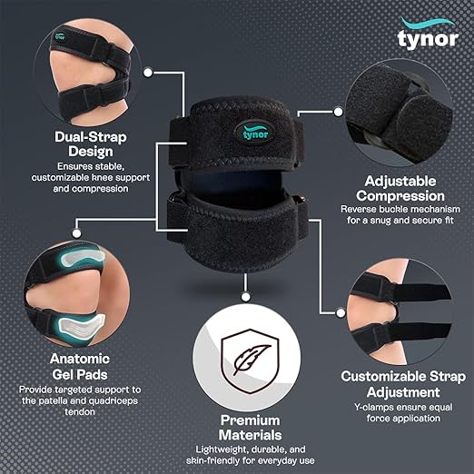 TYNOR Dual Patellar Tendon Support Strap,Knee Pain Relief Adjustable Neoprene Knee Strap Patella Stabilizer Band,Knee Brace for Tendonitis,Running,Hiking,Basketball Volleyball Tennis,One Size,1 Unit