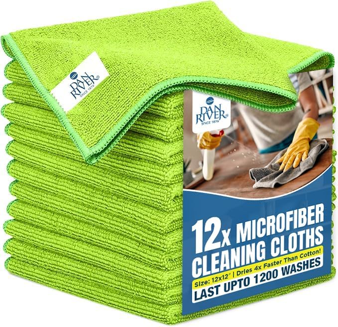 DAN RIVER 12-Pack Green Microfiber Towels โ Ultra Absorbent, Lint-Free & Streak-Free Terry Cloth Rags for Home, Car & Kitchen - Must-Have Cleaning Essentials - 12" x 12"