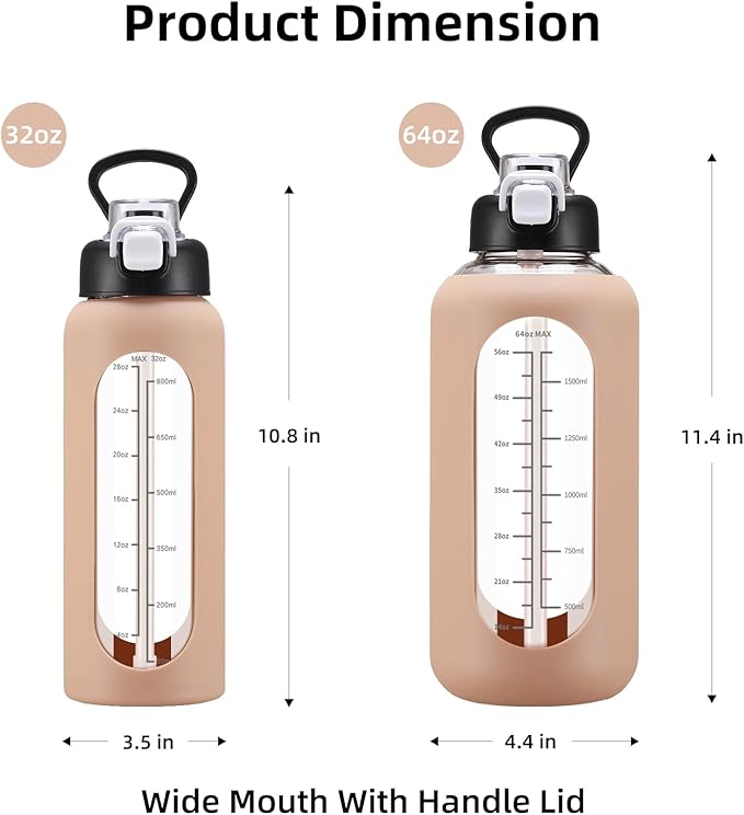 64 oz Glass Water Bolttles with Straw Half Gallon Large Motivational Water Bottle with Time Marker Sports Water Bottles with Silicone Sleeve and Handle Lid Water Jug for Gym Workout