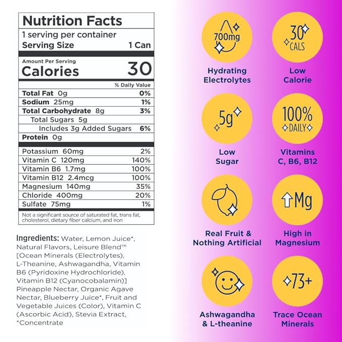 Leisure Hydration Non-Carbonated Electrolyte Refresher, Wild Blueberry Flavor - Low Sugar Nutrient Enhanced Water Beverage - Get The Best Hydration Packed w/ Magnesium & Ashwagandha For Mood & Stress Support, Non-GMO, 16 oz (12-Cans)