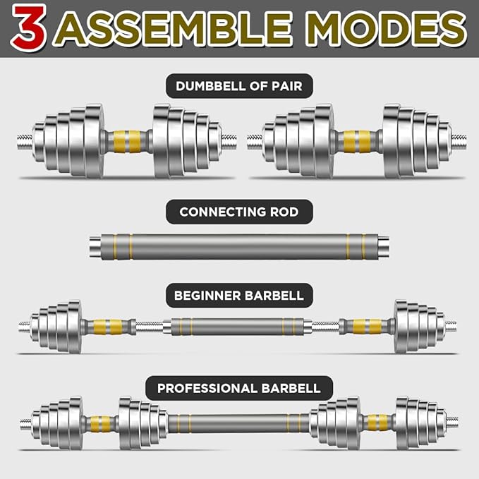 PHOEROS Adjustable Dumbbell Set - 44/66/88 LBS weights set, Dumbbell Barbell 3 in 1, Steel Dumbbells Pair with Connecting Rod for Adults Women Men Fitness Workout, Home Gym Exercise Training Equipment