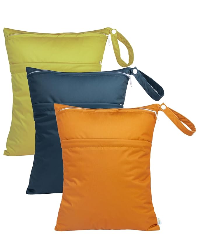 babygoal Wet Dry Bags 3 Pack for Baby Cloth Diapers, Washable Travel Bags, Beach, Pool, Gym Bag for Swimsuits & Wet Clothes with Two Zippered Pockets 3LN29