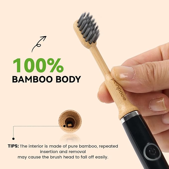 Bamboo Toothbrush Heads Compatible with Gleem, Soft Charcoal Infused Bristles, Whitening & Deep Cleaning