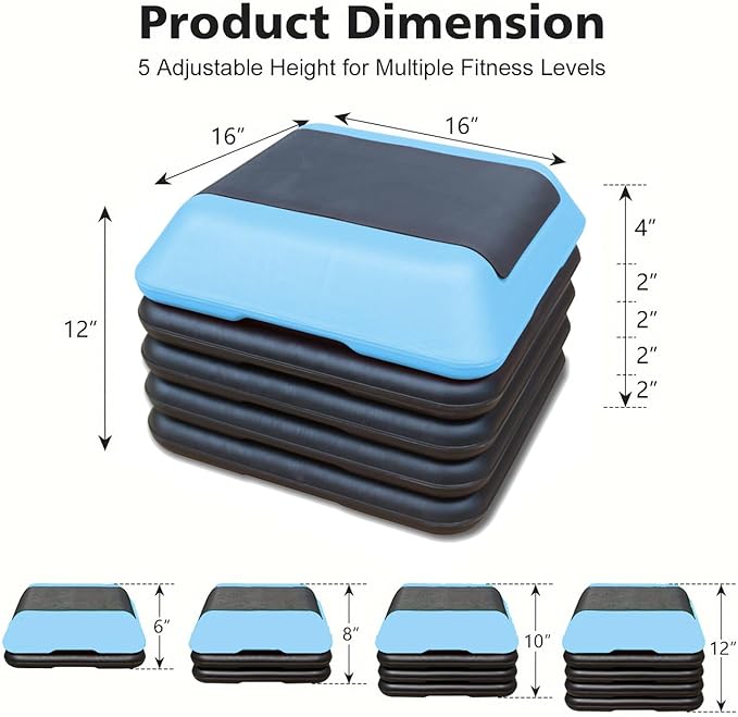 16" x 16" Adjustable Workout Aerobic Exercise Step Platformwith Adjustable Risers, Non-Slip Rubber Surface for Home Gym Cardio Training