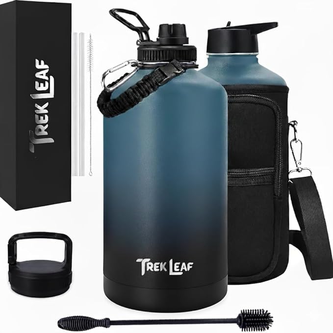 Travel Water Bottle with Carrying Bag, 3 Lids (Spout, Straw, Handle), and Bottle Brush; Leak Proof, Quality, Vacuum Insulated, Stainless Steel (Cascade Shadow, 128 oz)