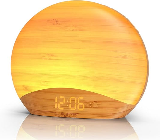 REACHER Natural Wood Grain Sound Machine Sunrise Alarm Clock,26 Nature Inspired Sleeping Sounds, 0-100% Dimmable Clock, Night Light,Brown/Pink/White Noise Sound Machine for Babys, Kids, Adults