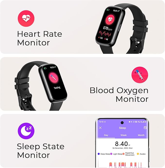 Fitness Tracker for Women Men, Smart Watch Band with 24/7 Heart Rate Blood Oxygen Sleep Monitor, Calories Step Tracker Pedometer 3ATM Waterproof Activity Tracker for Android iOS, Black