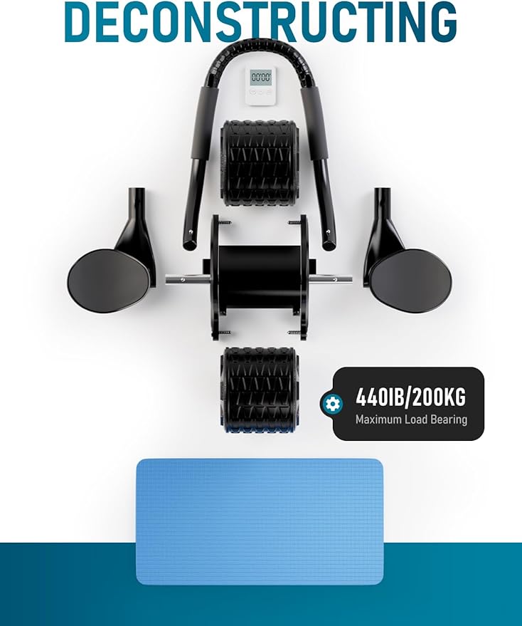 Ab Roller Wheel with Timer & Knee Mat, Home Workout Auto Rebound Abdominal Wheel with Elbow Support - Core Workout Equipment for Strengthening Abs, Home Gym Exercise for Women & Men