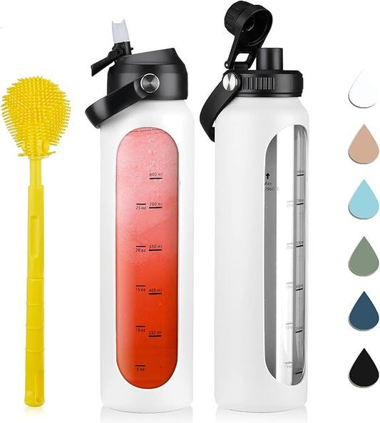 32 oz Glass Water Bottles with 2 Lids-Handle Spout Lid & Straw Lid 1 Liter Motivational Borosilicate Water Bottle with Silicone Sleeve and Time Marker,Leakproof