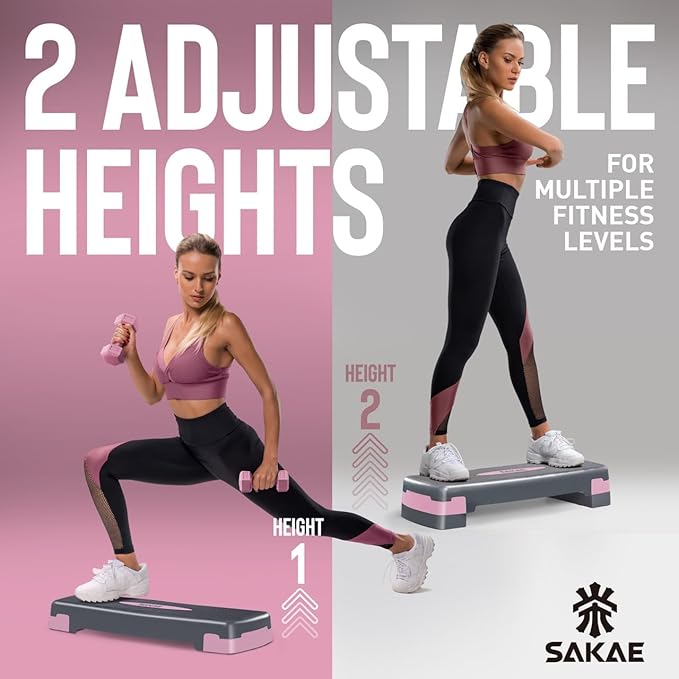 SAKAE Step Aerobics Platform Set with Kettlebell & Measuring Tape, Aerobic Steppers for Exercise at Home, Adjustable Height 2 Level Risers Workout Step Trainer with Non-Slip Surface, Multiple Colors