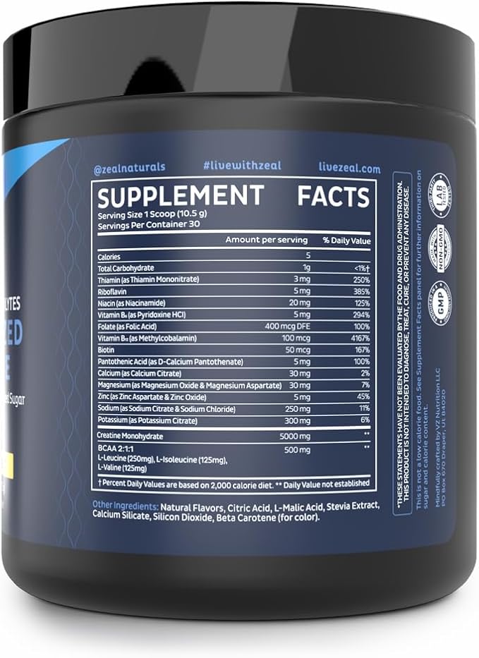 Zeal Electrolyte Powder w/Micronized Creatine (30 Servings | Lemon Sorbet) w 0 Sugar +BCAAs +B-Vitamins Electrolyte Supplement w Potassium Zinc & Magnesium for Hydration - Keto Electrolyte