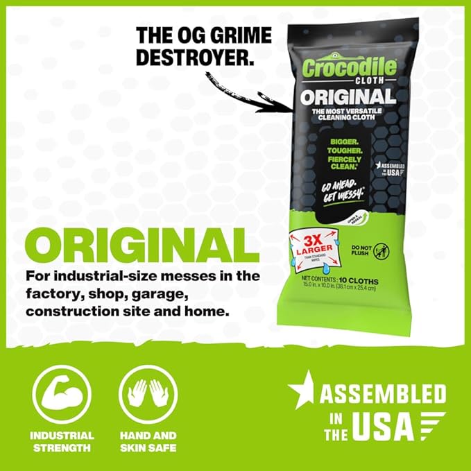 Crocodile Cloth Original Cleaning Wipes – 10 (15” x 10”) Hand & Tool Industrial Cleaning Wipes – Large Multi-Surface Cleaning Cloths, Water-Based Solution with Extreme Cleaning Power — Safe on Skin