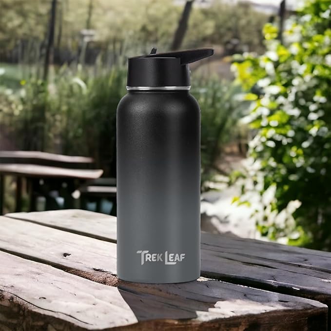 Travel Water Bottle with Carrying Bag, 3 Lids (Spout, Straw, Flip), and Bottle Brush; Leak Proof, Quality, Vacuum Insulated, Stainless Steel (Charcoal Fog, 32 oz)