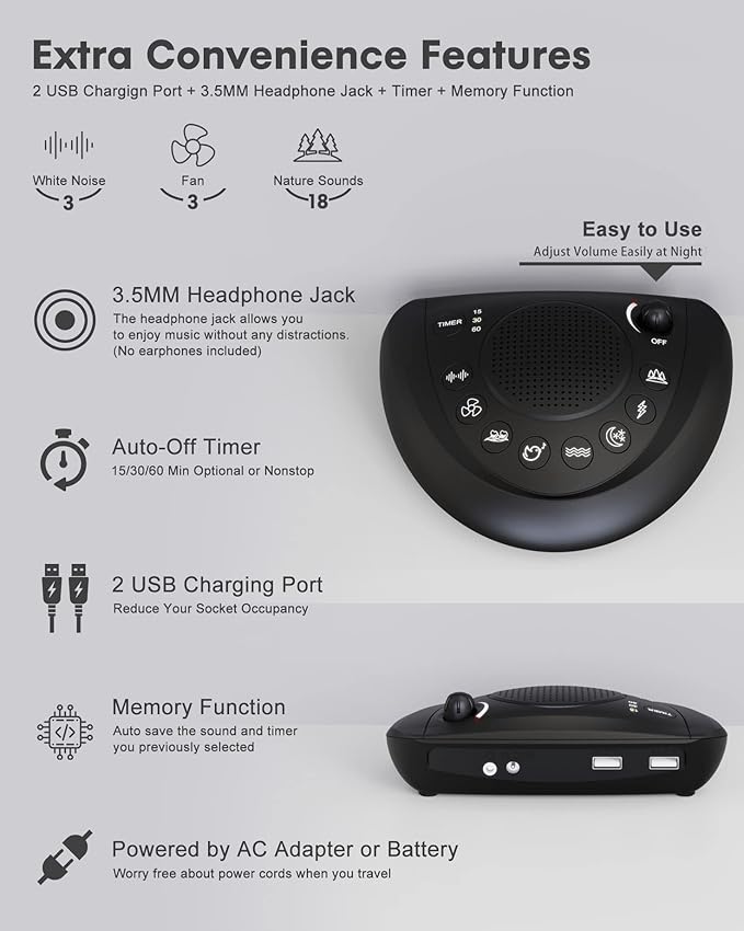 White Noise Machine, Cordless Sleep Sound Machine with 24 Soothing Sounds, Timer & Memory Function, Headphone Jack, USB Charging, Powered by AC or Battery for Baby, Kids, Adults, Travel