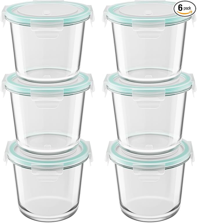 3 Cup Glass Meal Prep Containers With Turquoise Lids, Airtight 23oz glass Storage Container Set, Heat-Resistant BPA-Free for feeding the Southern Starter, Microwave, Dishwasher, Freezer Safe (6 Packs)