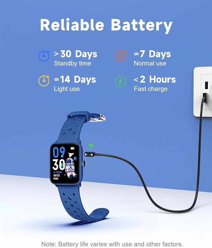 BIGGERFIVE Smart Watch for Kids Without APP, Fitness Tracker Watch Pedometer, Heart Rate, 5ATM Waterproof, Sleep Monitor, Calorie Step Counter, Games, Alarm Clock for Boys Girls 5-14, Porous Blue