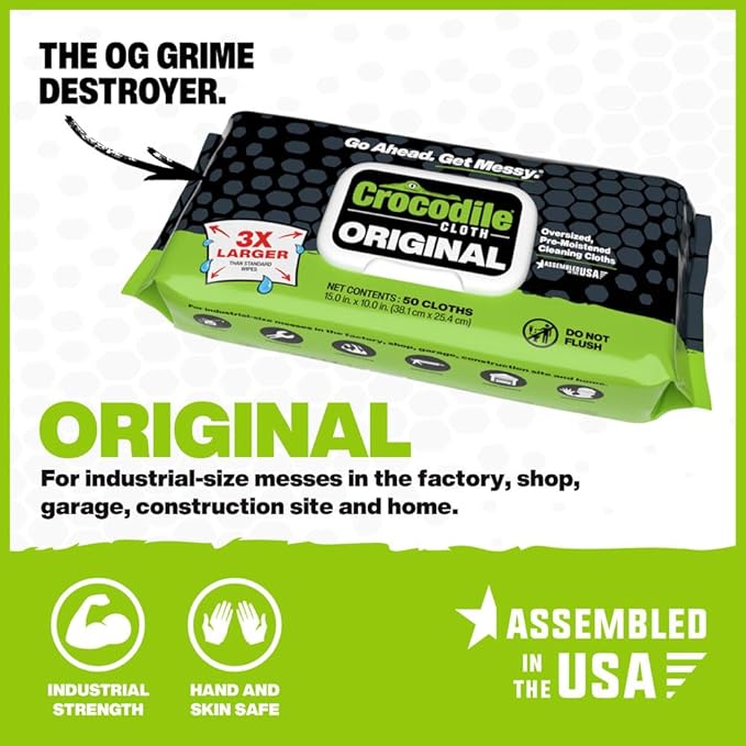 Crocodile Cloth Original Cleaning Wipes – 50 (15” x 10”) Hand & Tool Industrial Cleaning Wipes – Large Multi-Surface Cleaning Cloths, Water-Based Solution with Extreme Cleaning Power — Safe on Skin