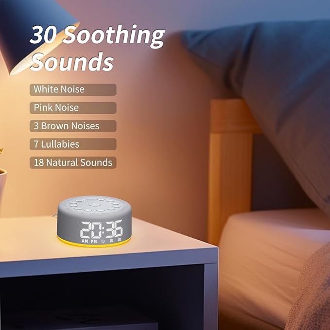 Sound Machine Night Light White Noise Brown Noise Machine Alarm Clock with Dual Alarms Backup Battery 30 Sleeping Sounds for Baby Kids Adults 32 Level Volume 5 Timers 15 Wake Up Sounds Memory Function