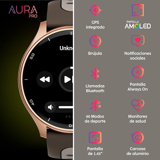 Cubitt Aura Pro Smartwatch/Fitness Tracker with 1.43" Touch AMOLED Screen, Bluetooth Call, Built in GPS, 60+ Sports, Blood Oxygen, Heart Rate, Stress/Sleep Monitor, Waterproof, Step Counter, Compass