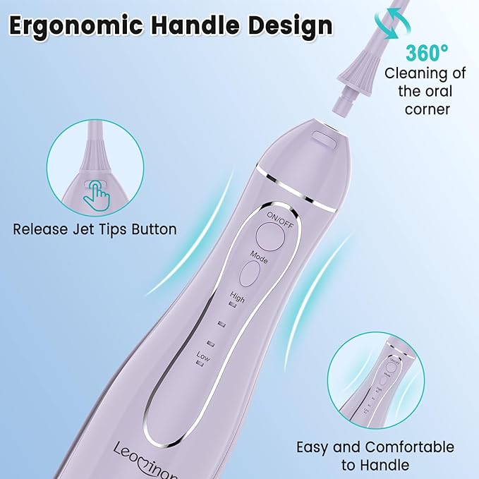Leominor Water Dental Flosser Pick for Teeth, 300ML Portable Oral Irrigator Upgraded Tank Removable,IPX7 Waterproof, Rechargeable Travel Teeth Cleaner, Professional Electric Flossing Machine(T-Purple)