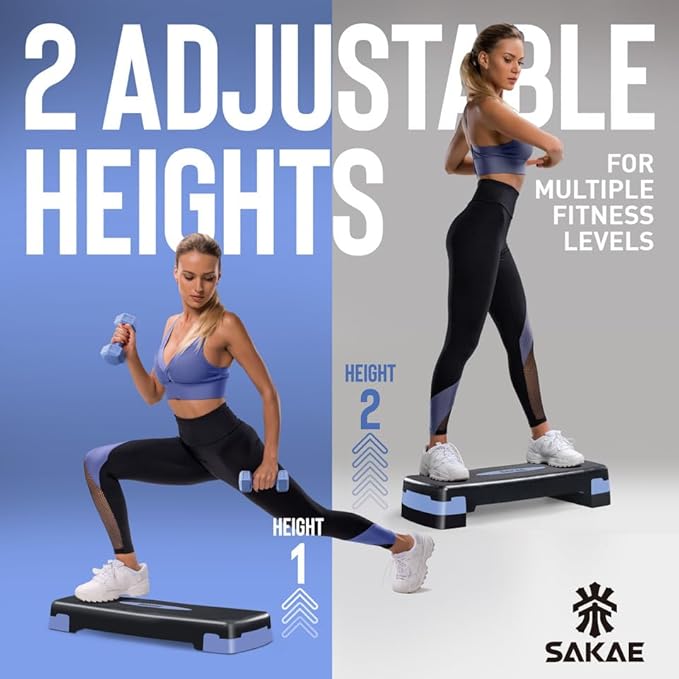 SAKAE Step Aerobics Platform Set with Kettlebell & Measuring Tape, Aerobic Steppers for Exercise at Home, Adjustable Height 2 Level Risers Workout Step Trainer with Non-Slip Surface, Multiple Colors