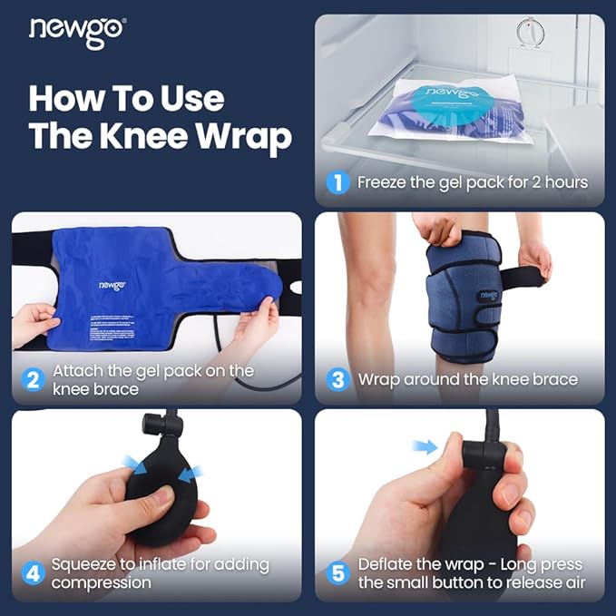 NEWGO Ice Pack for Knee Injuries Around Entire Knee with Air Pump, Reusable Gel Cold Pack Compression Wrap for Sports Injuries, Kee Sprains, Swelling, Soreness