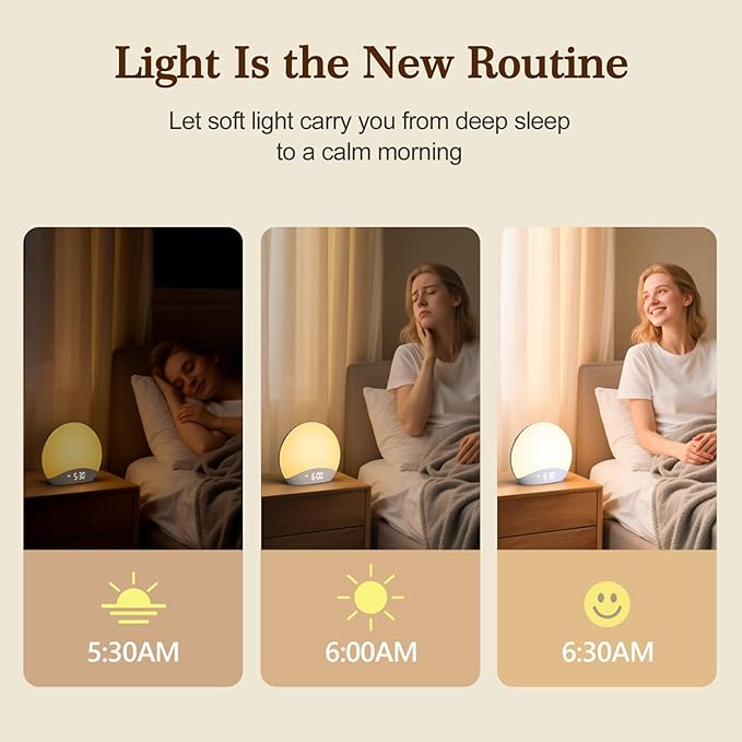 REACHER Sound Machine Sunrise Alarm Clock with Night Light, 26 Nature Inspired Sleep Sounds, 0-100% Dimmable Clock, Sunrise Lamp, Wake Up Light, Brown/Pink/White Noise Machine for Babys, Adults, Kids