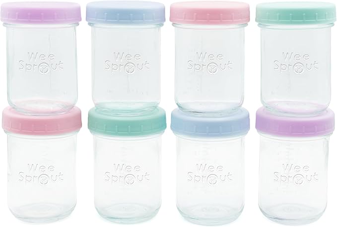 WeeSprout Baby Food Storage Glass Jars w/Lids (8 oz, 8 Pack) Pastel Variety, Snack, Reusable Small Containers, Fridge or Freezer, Microwave & Dishwasher Safe, Essentials for Infants