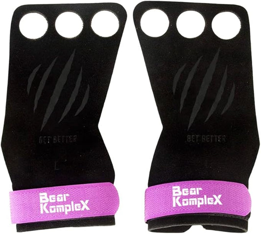 Bear KompleX 3 Hole Leather Hand Grips for Workouts, Pull-ups, Weightlifting, WOD Gymnastics, Crosstraining Palm Grips with Wrist Wraps, Hand Protection from Rips and Blisters,1 Pair