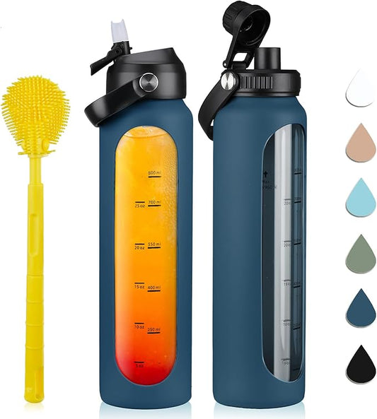 32 oz Glass Water Bottles with 2 Lids-Handle Spout Lid & Straw Lid 1 Liter Motivational Borosilicate Water Bottle with Silicone Sleeve and Time Marker,Leakproof