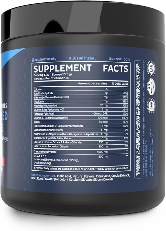 Zeal Electrolyte Powder w/Micronized Creatine (30 Servings | Fruit Punch) w 0 Sugar +BCAAs +B-Vitamins Electrolyte Supplement w Potassium Zinc & Magnesium for Hydration - Keto Electrolyte