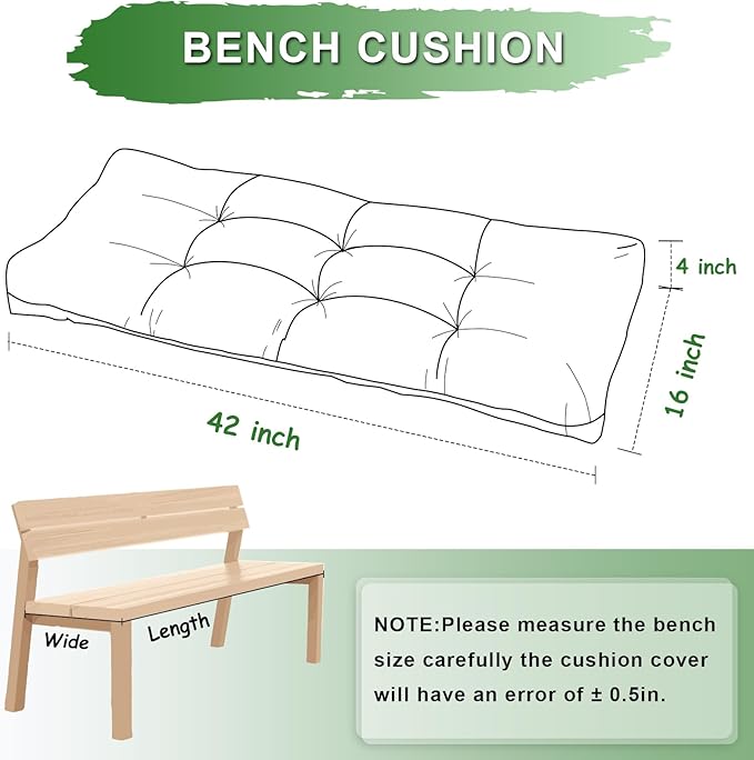 Waterproof Bench Cushion 42 Inch - Oliven Fabric, High-Density Foam, Non-Slip Bottom, Soft Durable Outdoor Tufted Long Seat Cushion for Window Garden Furniture (Beige Gray, 42x16x4 Inch)