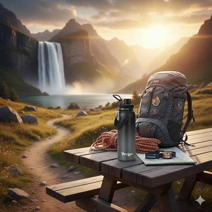 Travel Water Bottle with Carrying Bag, 3 Lids (Spout, Straw, Handle), and Bottle Brush; Leak Proof, Quality, Vacuum Insulated, Stainless Steel (Charcoal Fog, 40 oz)