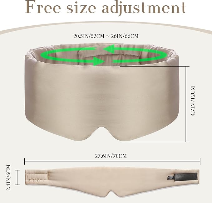 100% Mulberry Silk Sleep Mask Eye Mask for Women Man with Adjustable Band, for Side Sleeper Blackout Sleep Mask for Travel Rest and Office Large Size (Taupe)