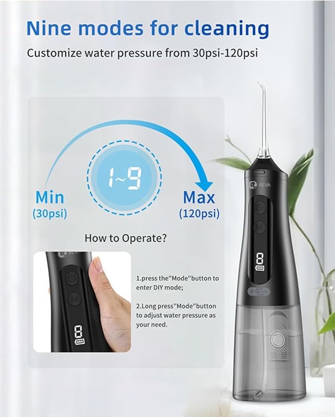 Reva Professional Water Dental Flosser for Teeth & Braces - 9 Modes Cordless Oral Irrigator, 350ML Large Reservoir, 360° Nozzle, IPX7 Waterproof, Rechargeable, Dental Floss Tool (M131 - White)