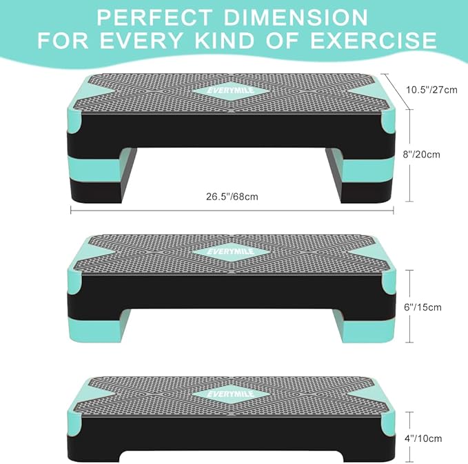 EVERYMILE Aerobic Exercise Step, Adjustable Aerobic Stepper for Exercise, Workout Step Platform, Step Up Box, 26.5" Step Deck with 4” 6” 8” Adjustable Height Risers, Women Home Gym Fitness